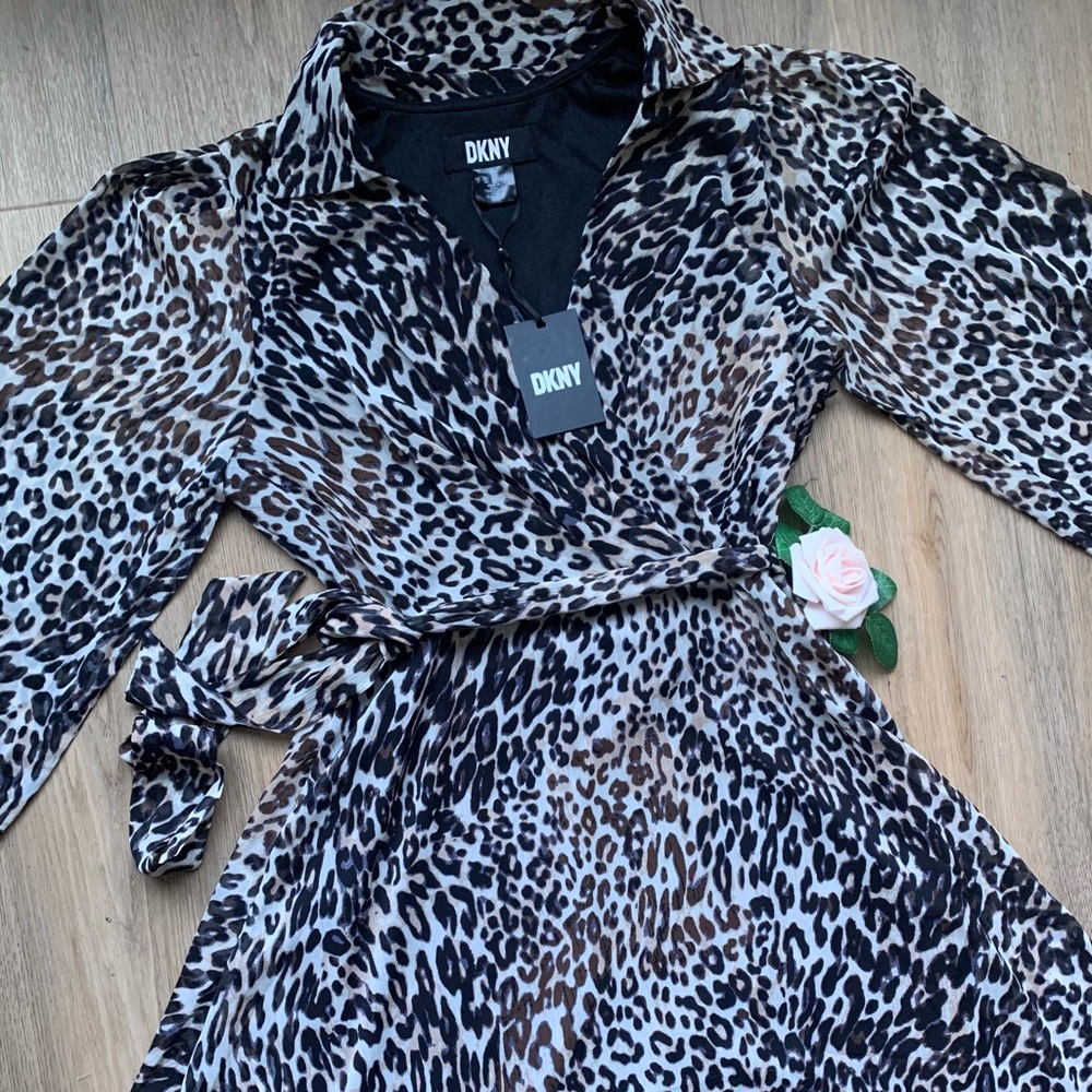 DKNY Leopard/Cheetah Print Wide Sleeve Wrap Dress